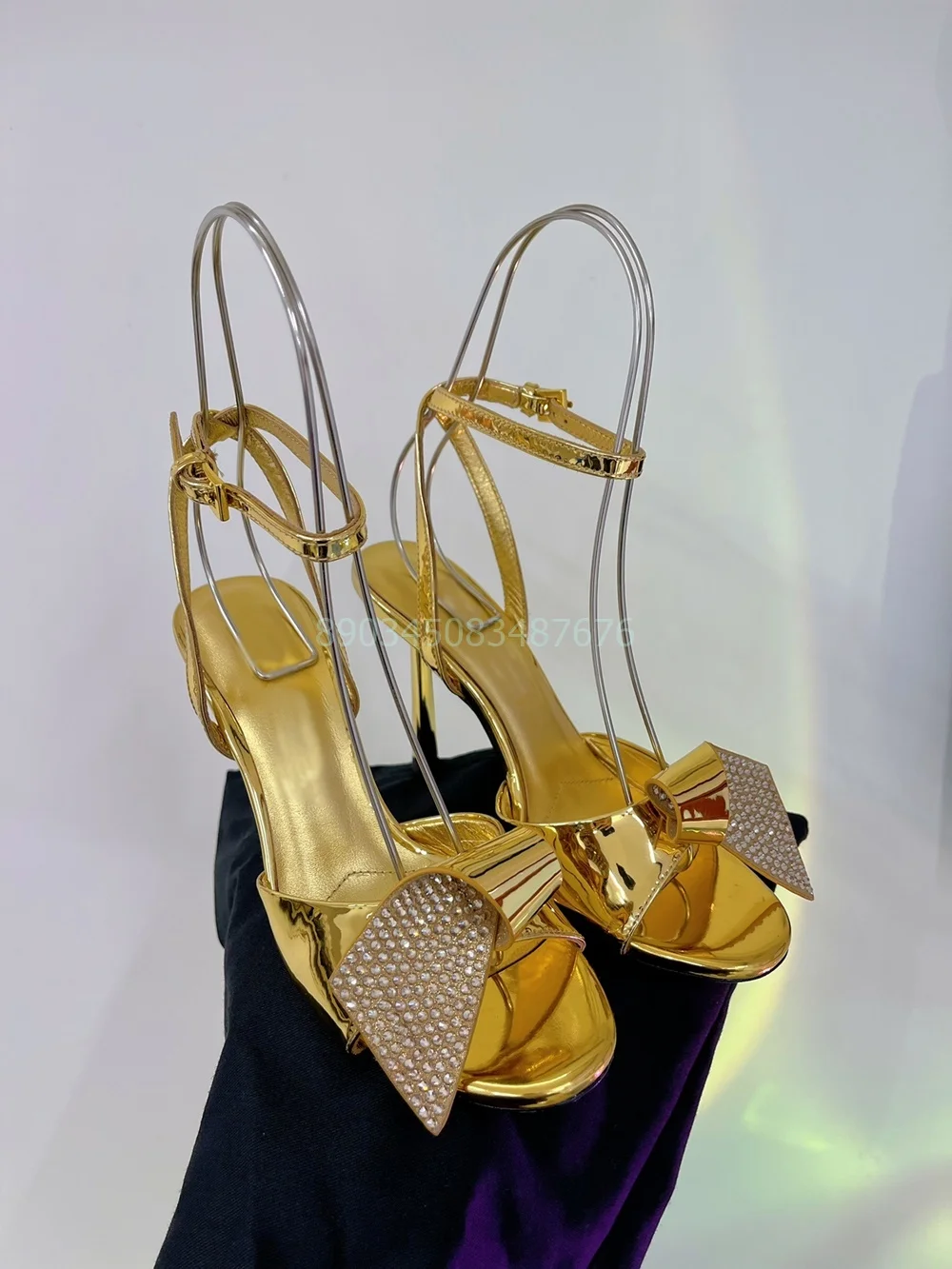 

Rhinestone Party Sandals Buckle Strap Gold Sliver Shoes For Women Thin Heel Round Toe Luxury Patent Leather Fashion Summer