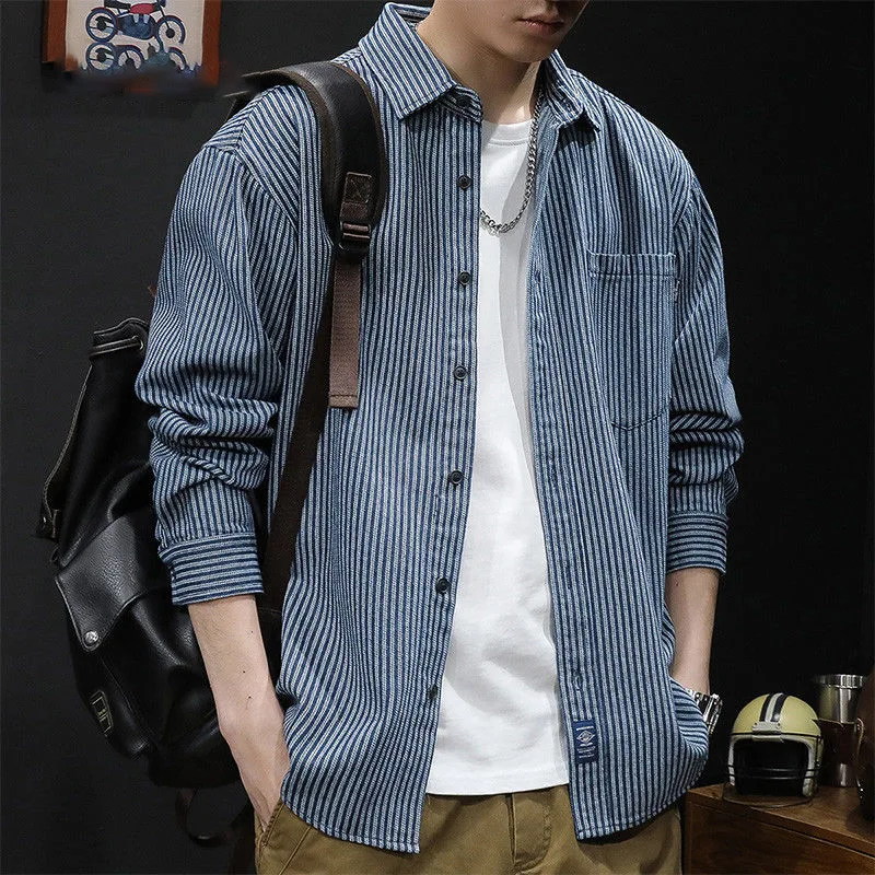 New Fashionable Men's Striped Shirt Jacket Long Sleeved Casual Youth High-End Texture Business Travel Design Denim Top Shirt