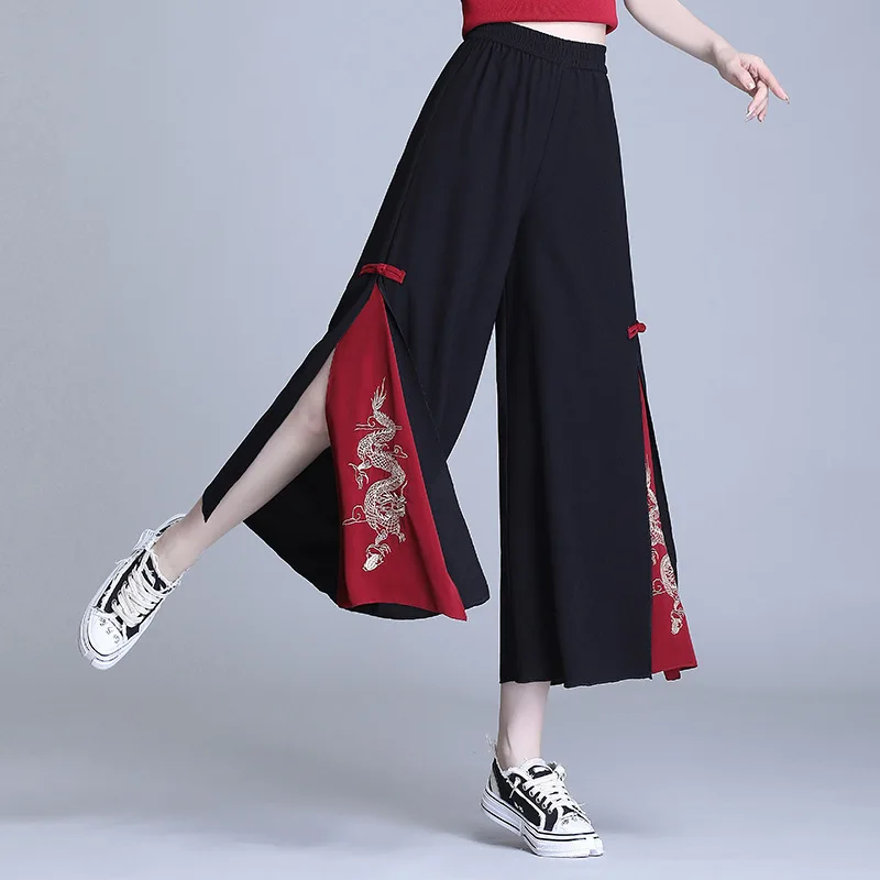 Women Summer 2023 New Cotton Linen Casual Pants Thin Retro Ethnic Style  Embroidery Wide Leg Trousers Appear Ninth  AliExpress