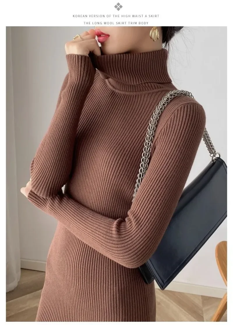 Herbst Neue Koreanische Rollkragen Gestrickte Kleid Reine Farbe Bodycon Pullover Kleid Büro Dame Pullover Lässig Elegante Strickwaren Jumper – Detail 7