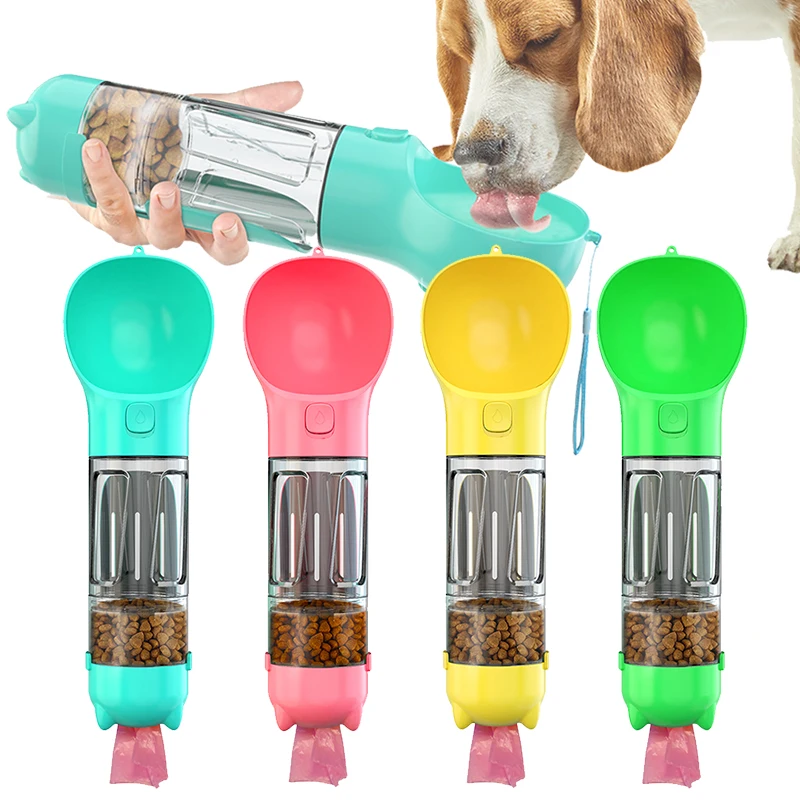 

300ml Portable Multifunction Dog Water Bottle Food Feeder For Big Dogs 3 In 1 Poop Dispenser Puppy Pet Travel Drinking Bowls