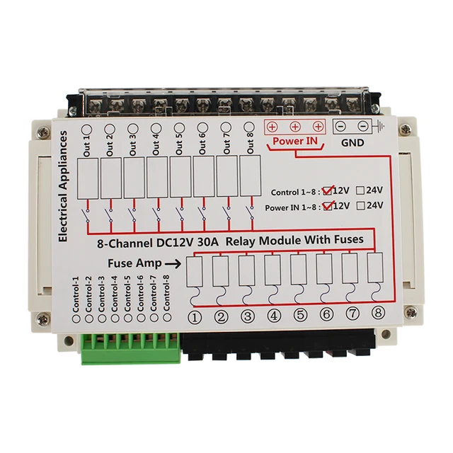 TYTXRV 8-Channel DC 12V 30A Relay Module