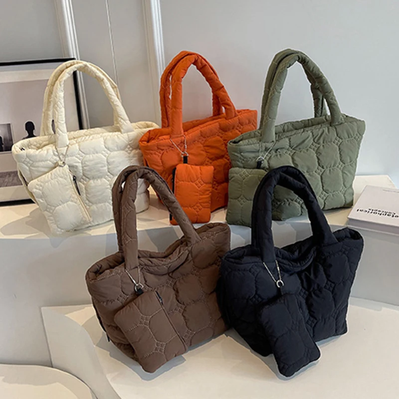 Women Ladies Casual Cotton Padded Shoulder Bag Soft Winter Handbags Tote Bag Stylish Casual Simple Shoulder Bag