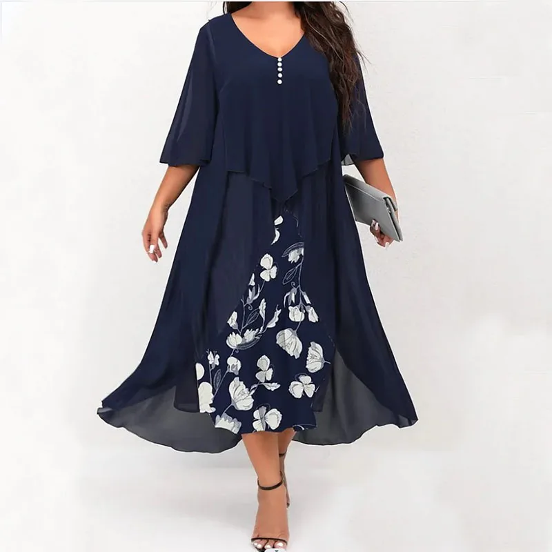 

Plus size chiffon patchwork lace fake two-piece digital printed irregular middle sleeve fashionable and elegant dress