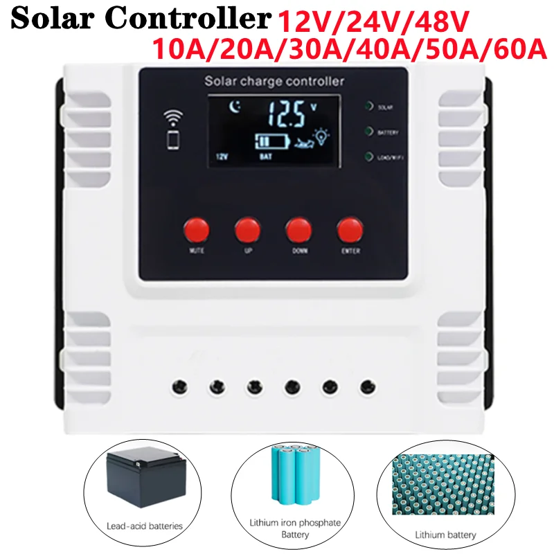 

PWM Solar Controller 10A/20A/30A/40A/50A/60AReal-time Data Monitoring LED Display Interface 12V/24V/48V Solar Charge Controller