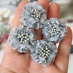 Handmade Lace Fabric Daisy Flowers for DIY Accessories and Decorations - Set of 10, 3CM (Denim Blue)
