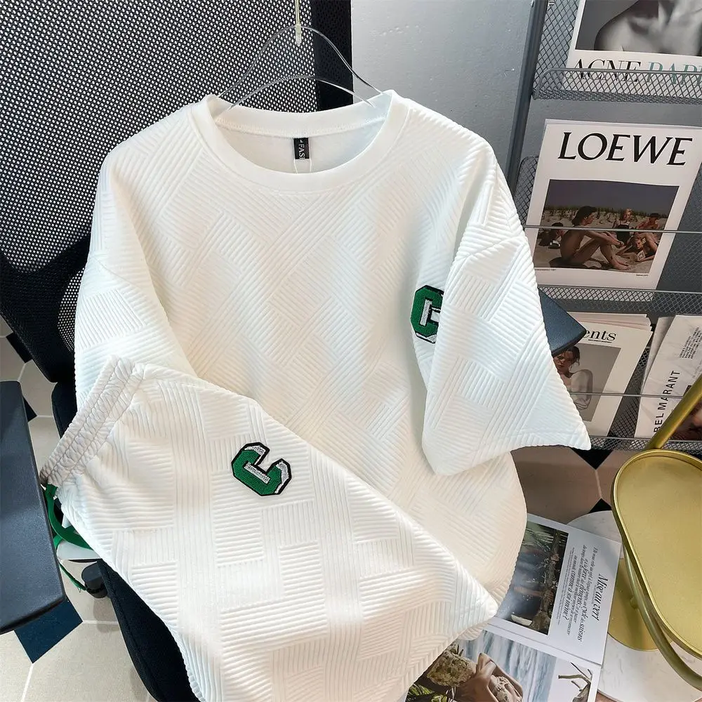 

Casual Waffle Fashion Set 2023 Summer Ladies Extra Large Korean Short Sleeve T-shirt + Shorts monogram embroidery 2-piece set