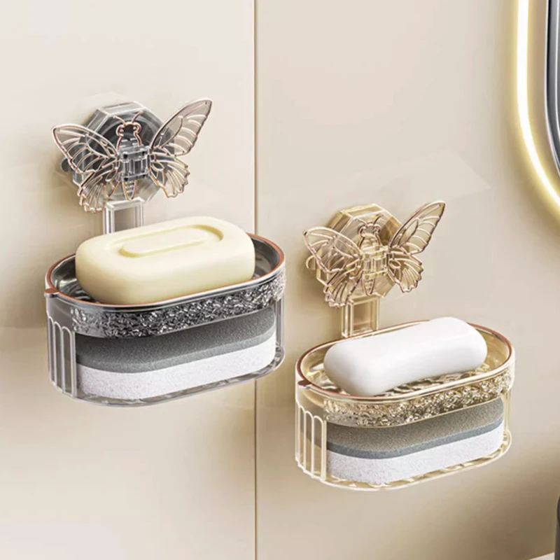 

Butterfly Drainage Soap Box Double-layer Suction Cup Soap Holder with Sponge Detachable Drill-free Wall Mounted for Home Bathoom