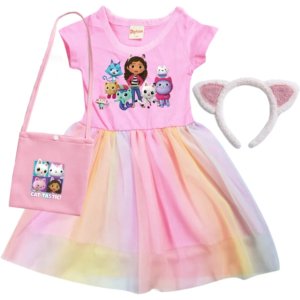Girls Summer Dresses Gabbys Dollhouse Girls Cat Tastic Costumes Kawaii Kids Birthday Party Princess Dress with Headwear Bag