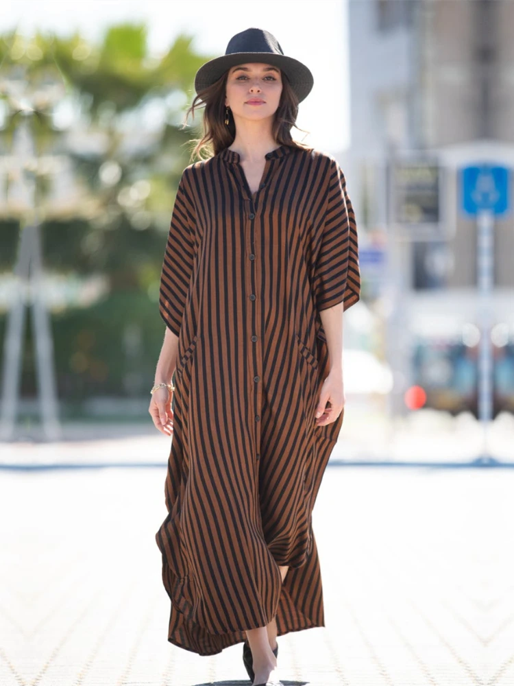 Beach Cover Swimsuit Cover Beach Dress Casual Bikini Cover-ups Blue Tunic Striped Front Open Summer Beach Dress