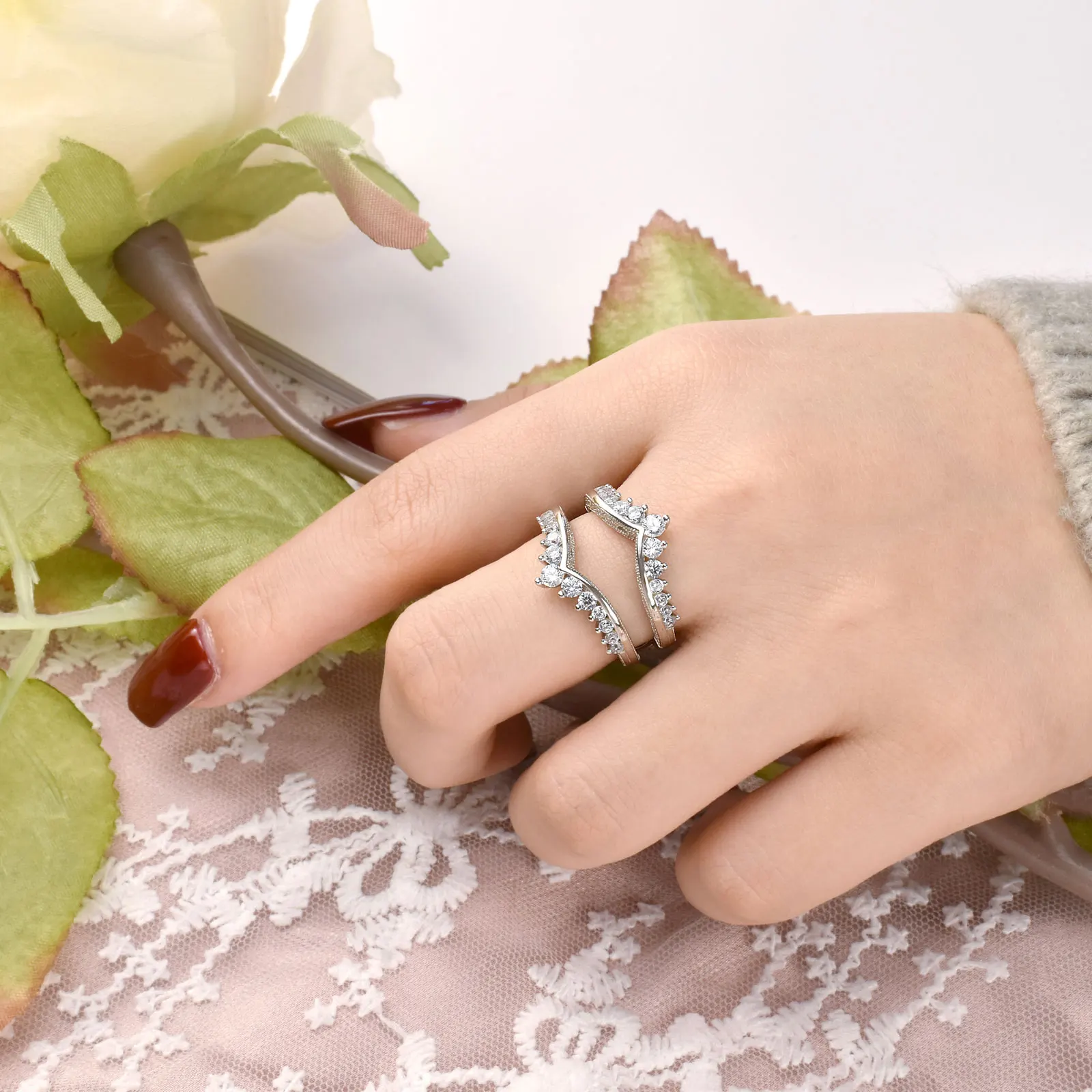Newshe Luxury Solid 925 Sterling Silver Wedding Engagement Rings for Women High Grade Cubic Zircon Guard Band BR1167 S38fc33b985d348d3885cac4b526b44011