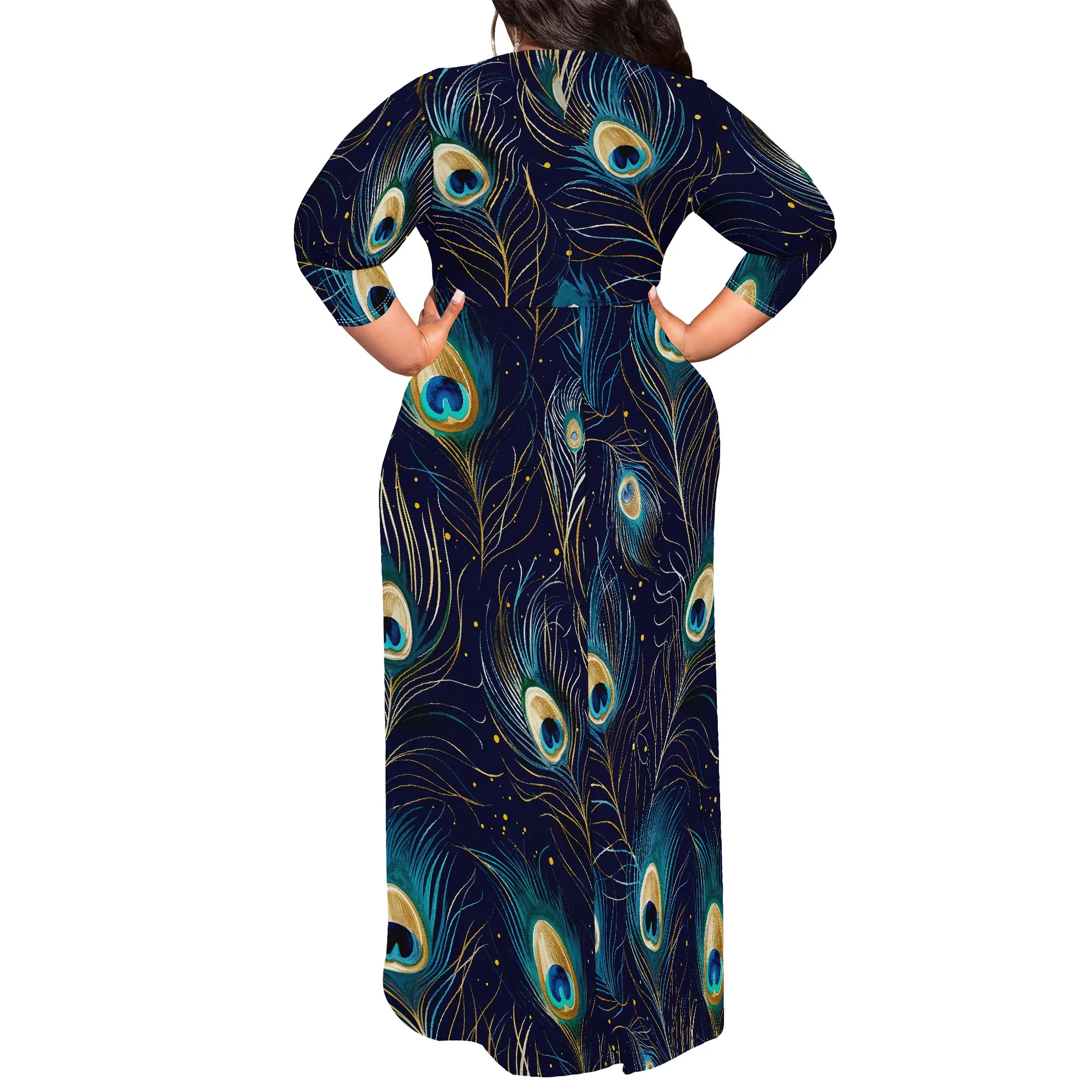 chinese dress ladies 1970s Feather Print Chiffon Baby Doll Maxi Dress with Matching Shawl