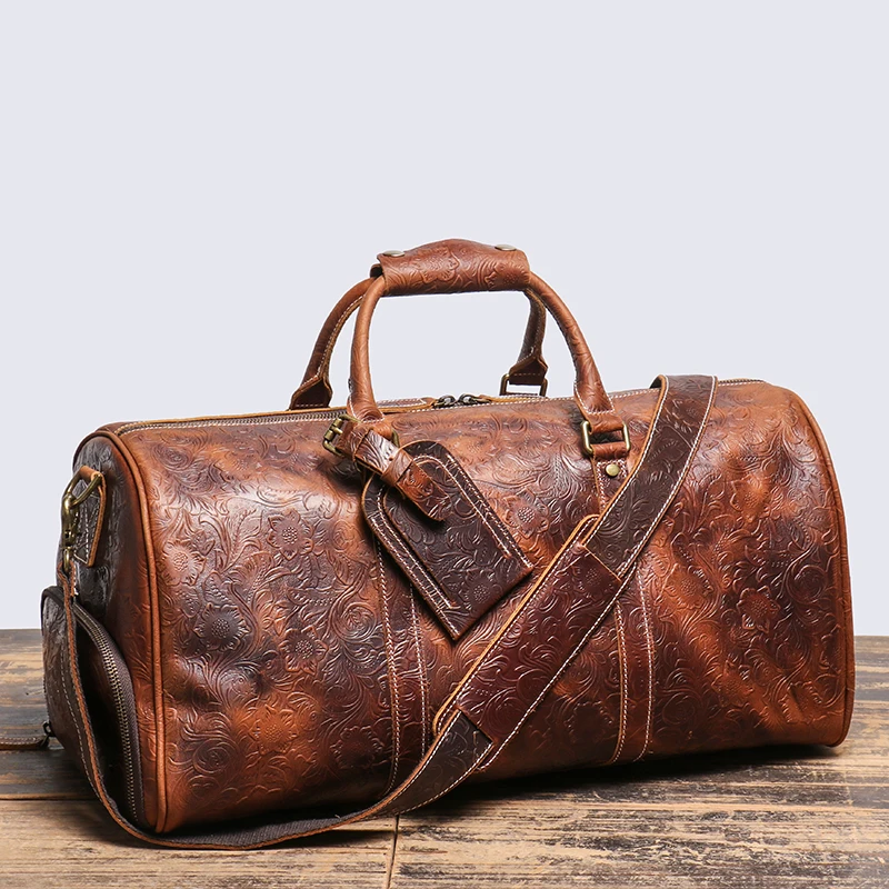 LEATHFOCUS Vintage Embossed Handbag Men's Women's Leather Travel Bag Large Capacity Business Duffles Bag Weekend Gym