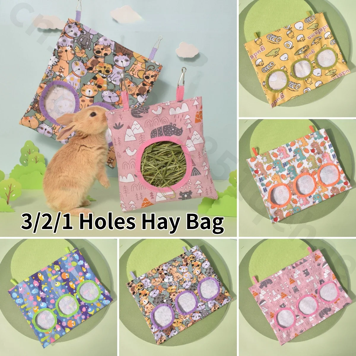 3/2/1 Holes Hanging Hay Bag For Bunny Guinea Pigs Small Pet Feeder Rabbit Food Dispensers Bag Cage Accessories Pet Feeding Hay Bag Rabbit Hay Feeder Pet Food Feeder Small Pet Cage Accessories
