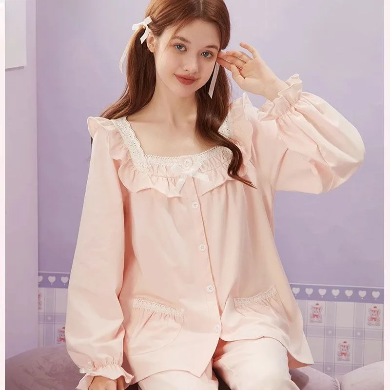 

Пижама женская весенне-осенняя новая одежда для сна с длинным рукавом хлопковый комплект домашней одежды в дворцовом стиле принцессы