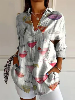 Nuova camicia primaverile e autunnale da donna con risvolto stampato camicia da donna con bevande camicia retrò camicia con bottoni larghi top alla moda 1