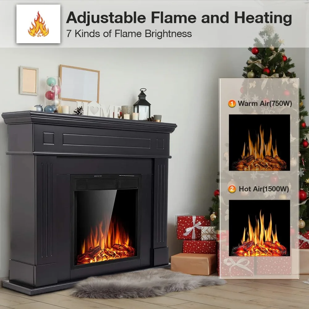 44" Electric Fireplace with Mantel Package Free-Standing Fireplace Heater, Wooden Surround Firebox with Log, Remote Control 2