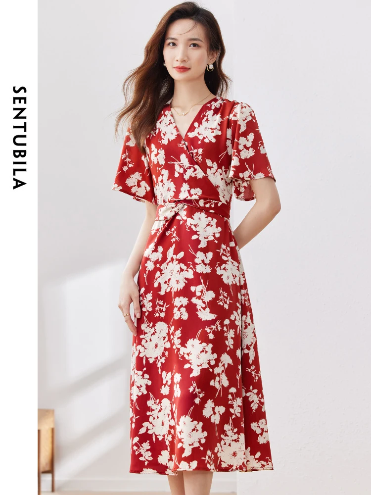 

SENTUBILA Summer Chiffon Floral Print Dress Women 2024 Elegant Comfort Flare Sleeve A-line Woman V-neck Wrap Dresses 132L49607