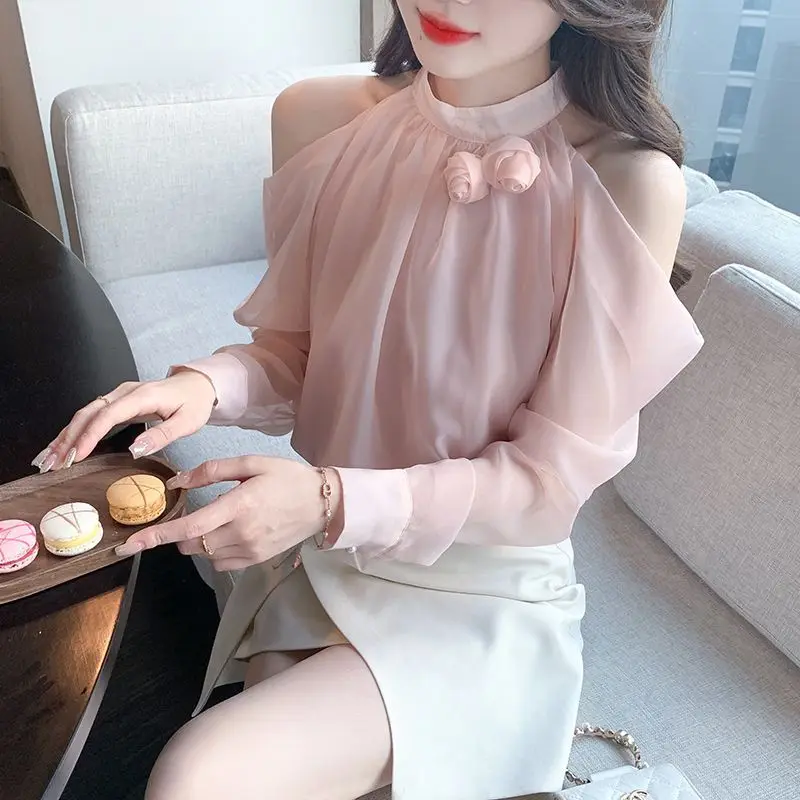 Korean Commute Spring Summer New Chiffon Blouses Women's Solid Round Neck Off Shoulder Ruched Fashion Loose Long Sleeve Shirts