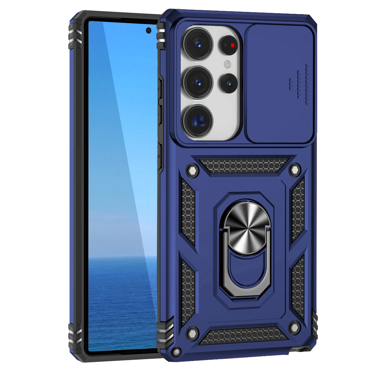 Protective Case with Slide Lens Cover and Rotating Ring Stand