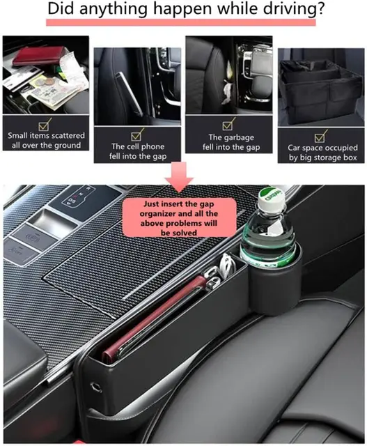 QINGQUE Auto Seat Gap Filler Organizer, Multifunktionale PU Leder  Aufbewahrungsbox mit Cup Halter für Auto Front Seat Organizer, für Telefone