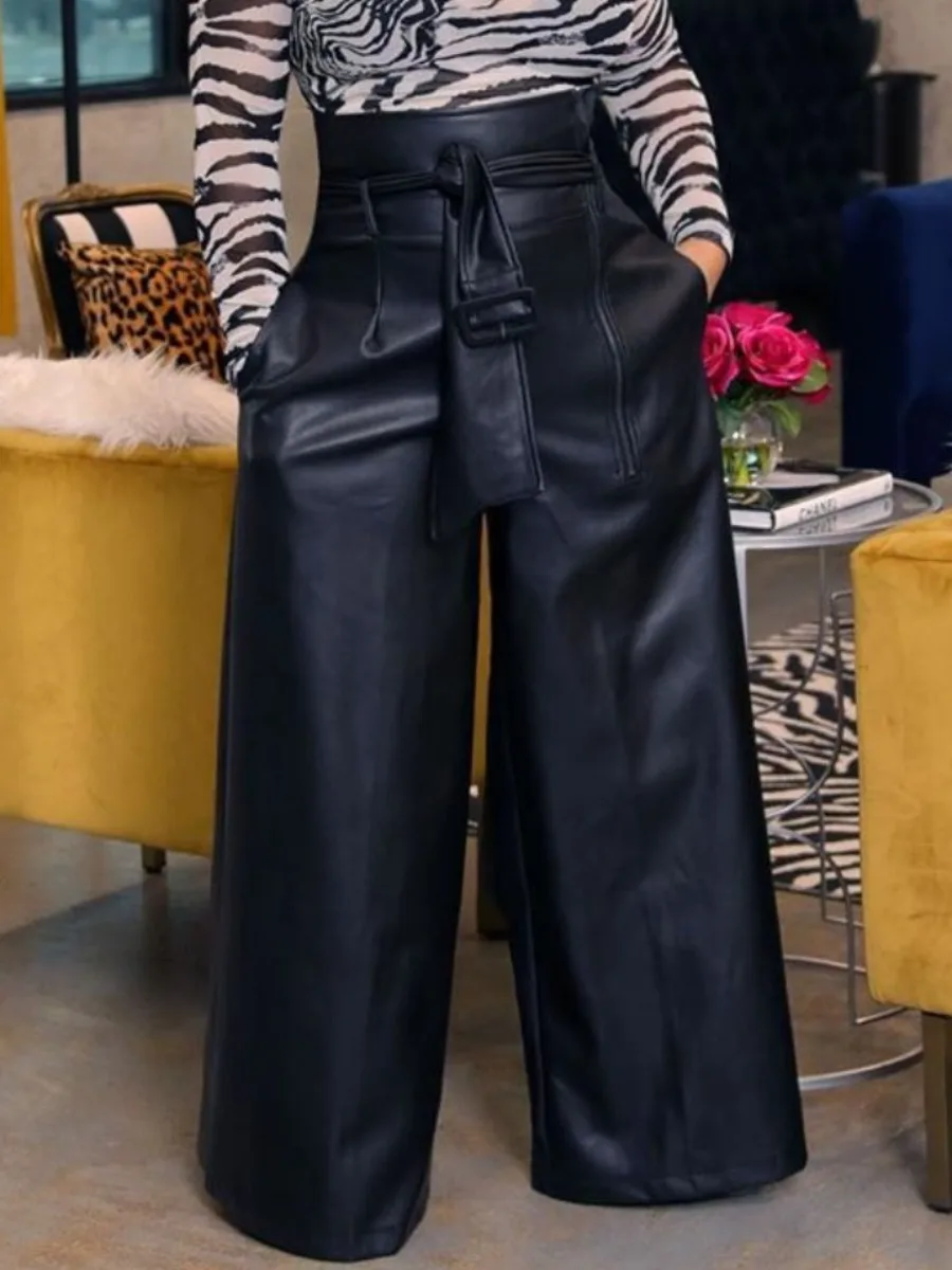 

LW Faux Leather High Waist Wide Leg Pants PU Belt Design Stretchy Basic Loose Fit Trousers For Women Chic Oversized Bottoms