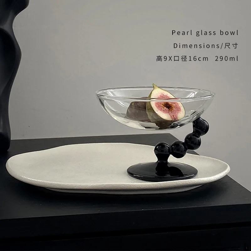 1 Piece 290ml 10oz European Style Large Glass Cake Plate Black Ball Stemmed Fruit Dessert Bowl Cocktail Glass Table Decor