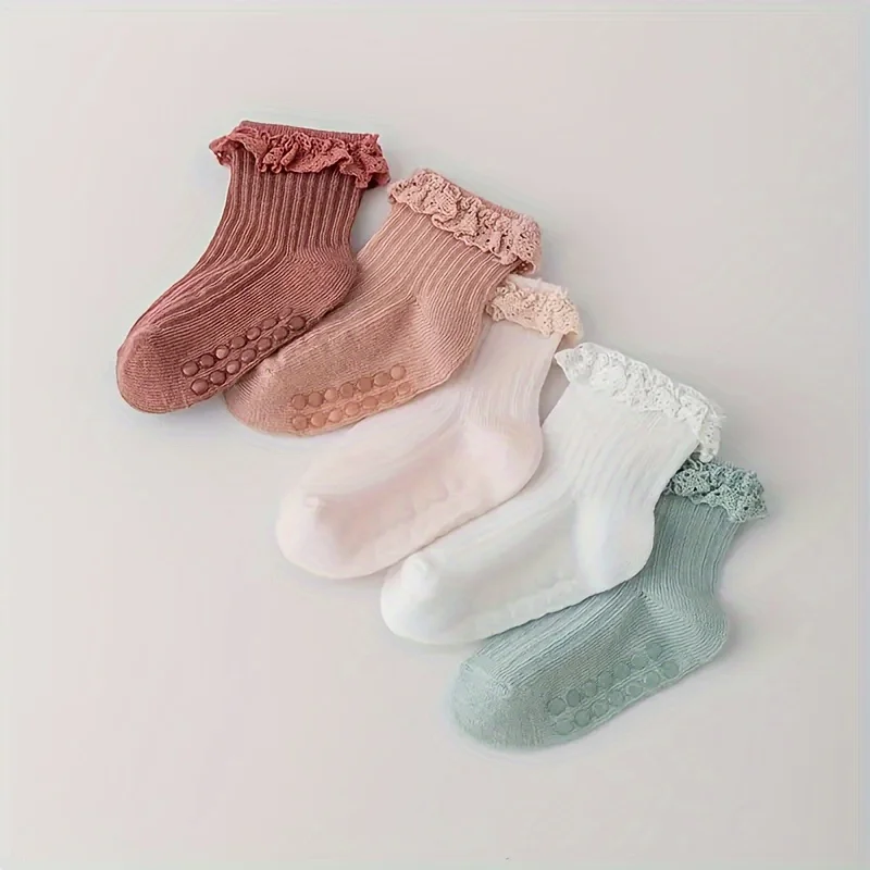 4 Pairs Of Cute Princess Socks For Baby Toddlers-Non-Slip, Lace Ruffled & Plain Colors for Baby 0-3 Years