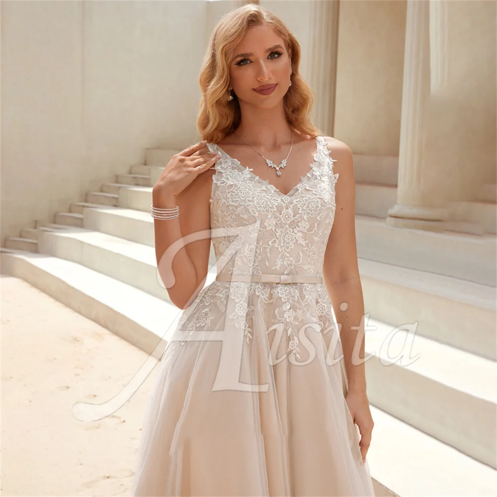 Princess A-line Wedding Dresses V-Neck Asymmetrical Lace Tulle Bride Dresses V Back Wedding Dresses For Woman Dresses Vestidos