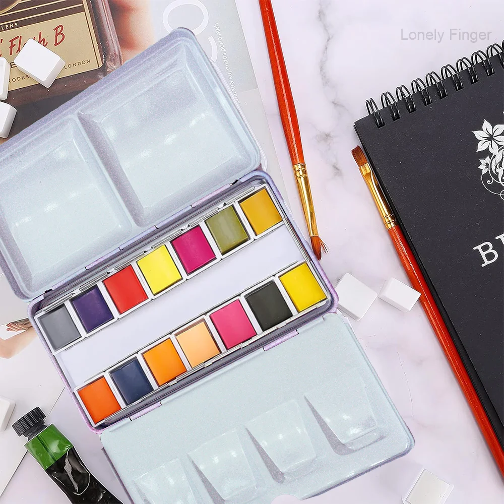 여행용 아티스트 빈 수채화 틴 박스 팔레트 페인트 케이스, 14개의 하프 팬이 포함된 작은 다채로운 틴, 여행, 스케치에 이상적