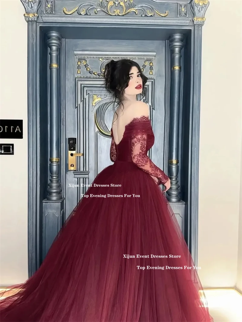 Xijun Burgundy Lace Long Evening Dresses Off The Shoulder A-Line Formal  Prom Dresse Sweetheart Luxury Dubai Prom Gown Customized - AliExpress 320