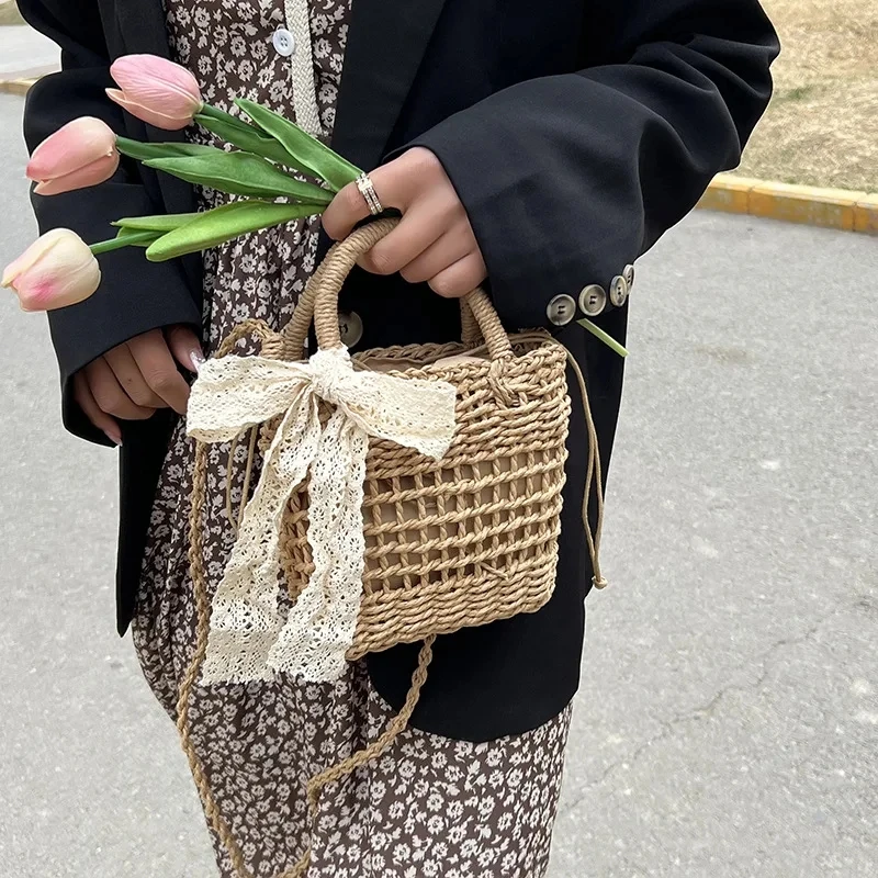 Floral Embroidery Bow Decor Straw Bag Woven Hollow Shoulder Bucket Bag Holiday Beach Bag Summer Crossbody Bag Handbag