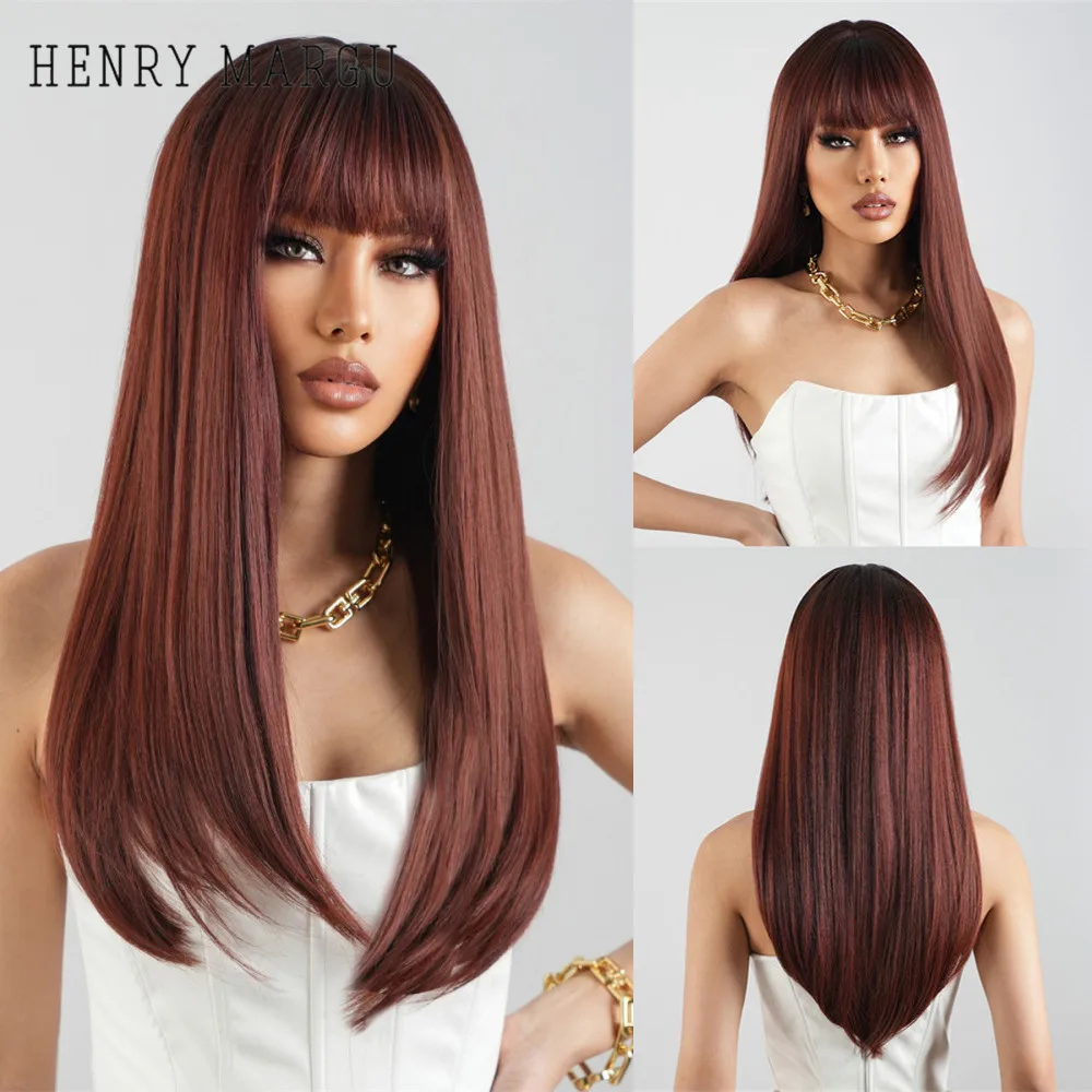 HENRY MARGU Burgundy Wine Red Brown Synthetic Wigs with Bangs Long Straight Wig for Women Daily Cosplay Hair Heat Resistant