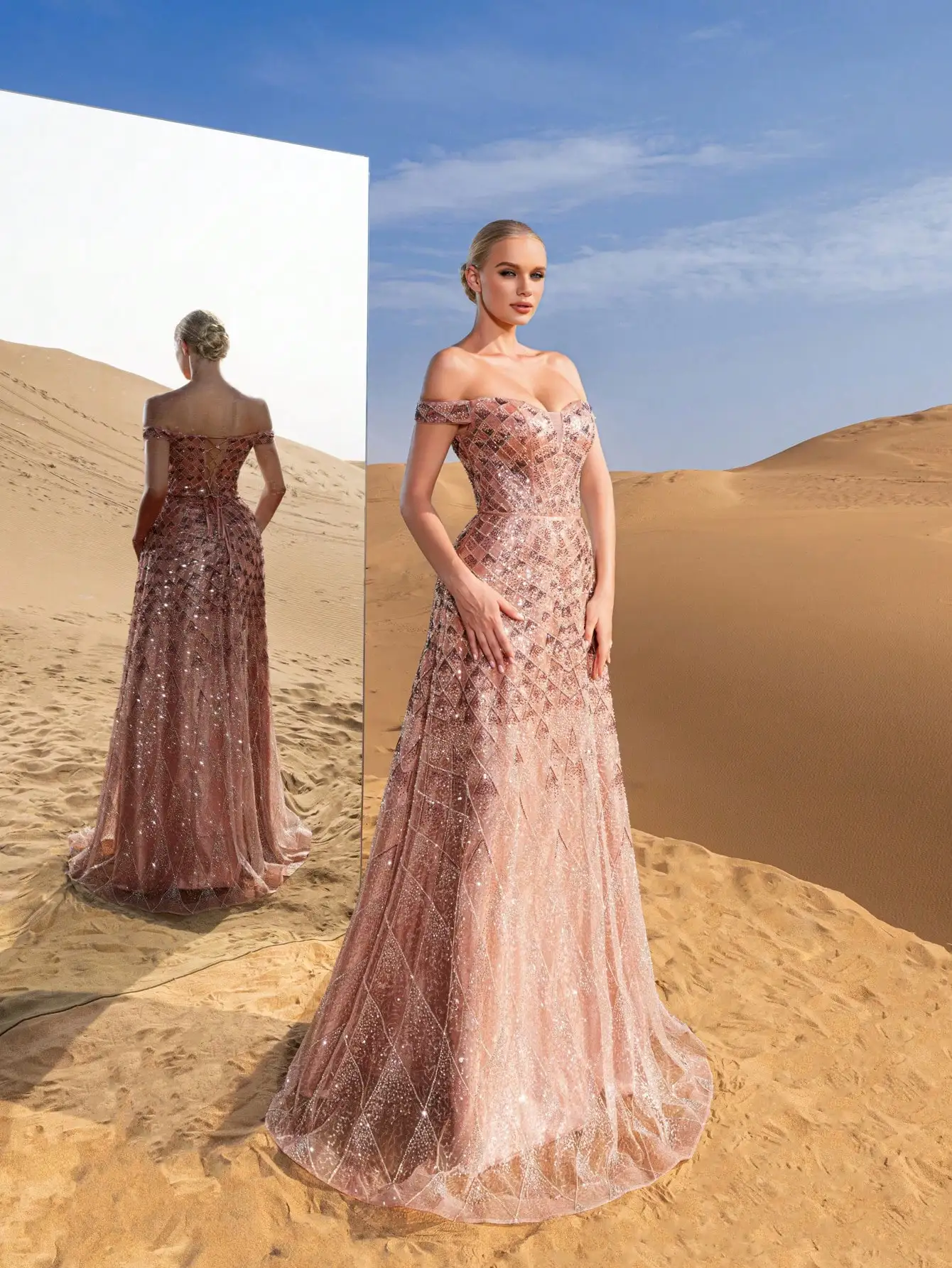 رائع قبالة الكتف الدانتيل متابعة الظهر مطرزة فساتي...