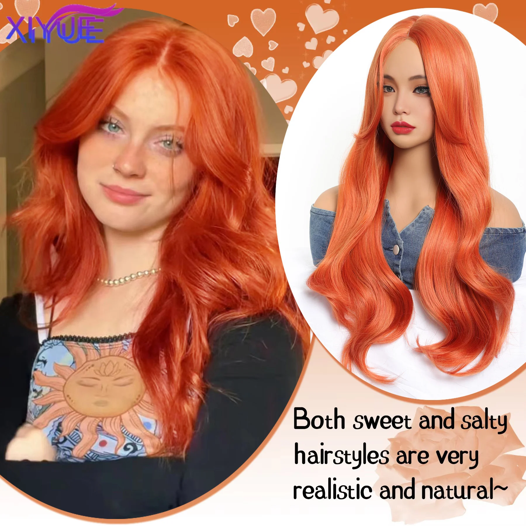 XYwater wave orange synthetic wig women's wavy natural wig role-playing party wig heat-resistant Lace Front Wigs synthetic wig