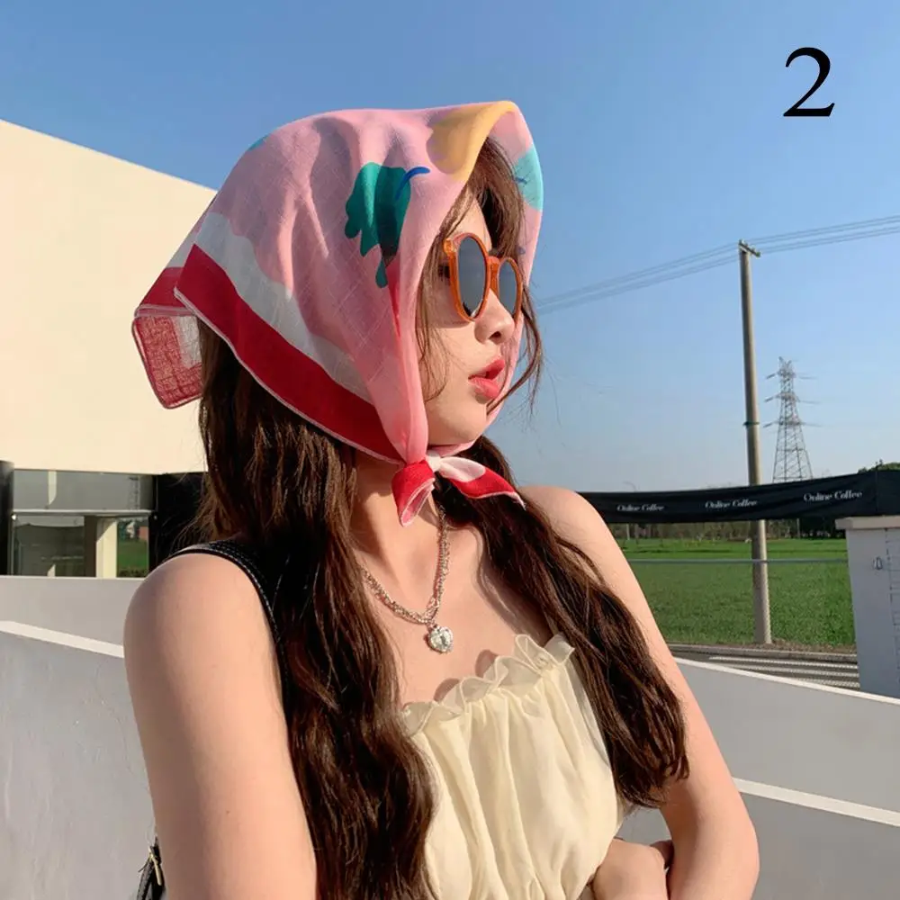 Cotton Linen Scarf Small Square Scarf Floral Decorative Hair Scarves Cute Handkerchief Neckerchief Women Scarf Hair Band INS ?? 4
