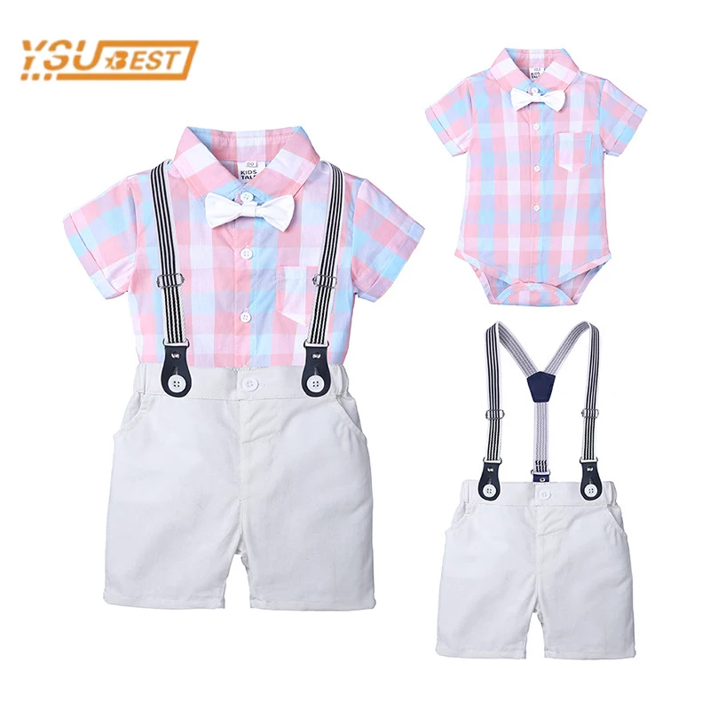 

Infant Kids Baby Boys Clothes Set Baby Boys Short Sleeve Bow Tie Grid Rompers + Straps Shorts Gentleman Toddler Clothes