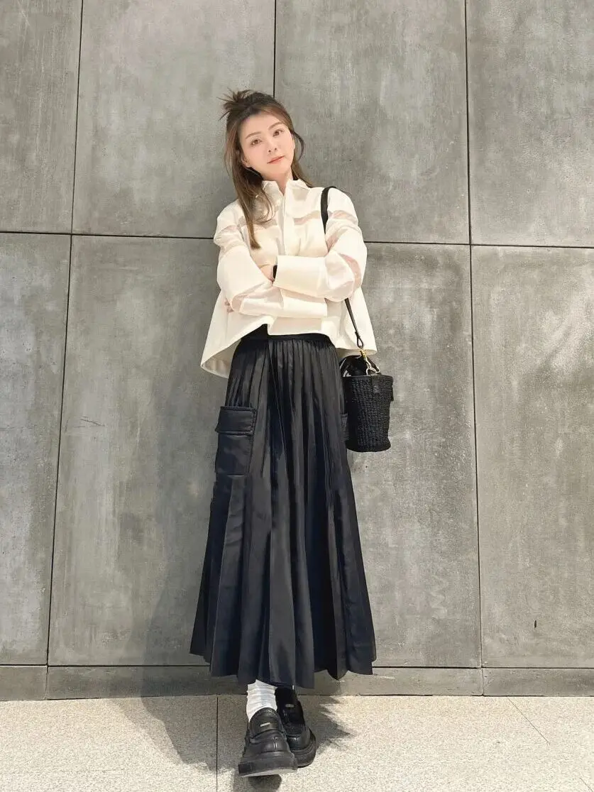 FOG SACAI Retro Mid-Length Pleated Skirt for Women Spring