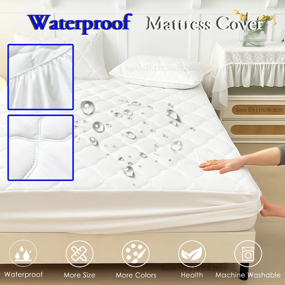 Waterproof Throw Mattress Cover Bed Fitted Sheet Mattress Bedspread Protector Pads Single/Double/King/Queen Full Size Gray/White 5