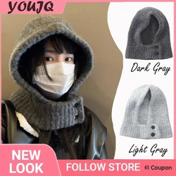 Y2K Millennium Winter Women Knitted Cotton Cap Scarf Warm Scarves Outdoor Unisex Muffler Solid Ring hats Snood Hat For Women
