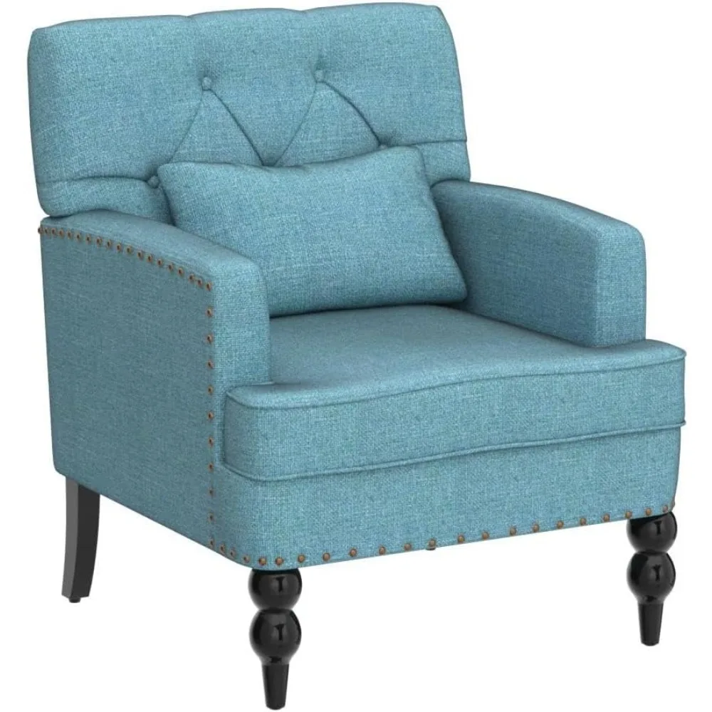 

Living Room Chair, Special Chair With Waist Pillow, Soft Padded Button Armrest Chair Linen Sofa Chair For Living Room, Lake Blue
