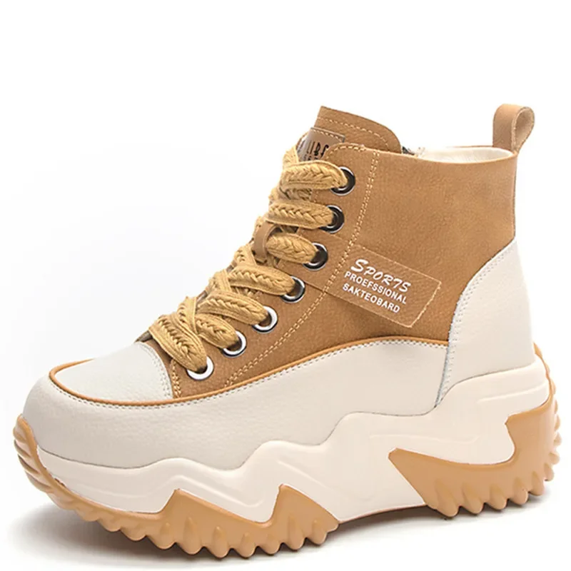 

7cm Genuine Leather High Top Women Platform Sneakers Red Shoes Spring Autumn Trainers Keep Warm Fashion Boots Winter Booties