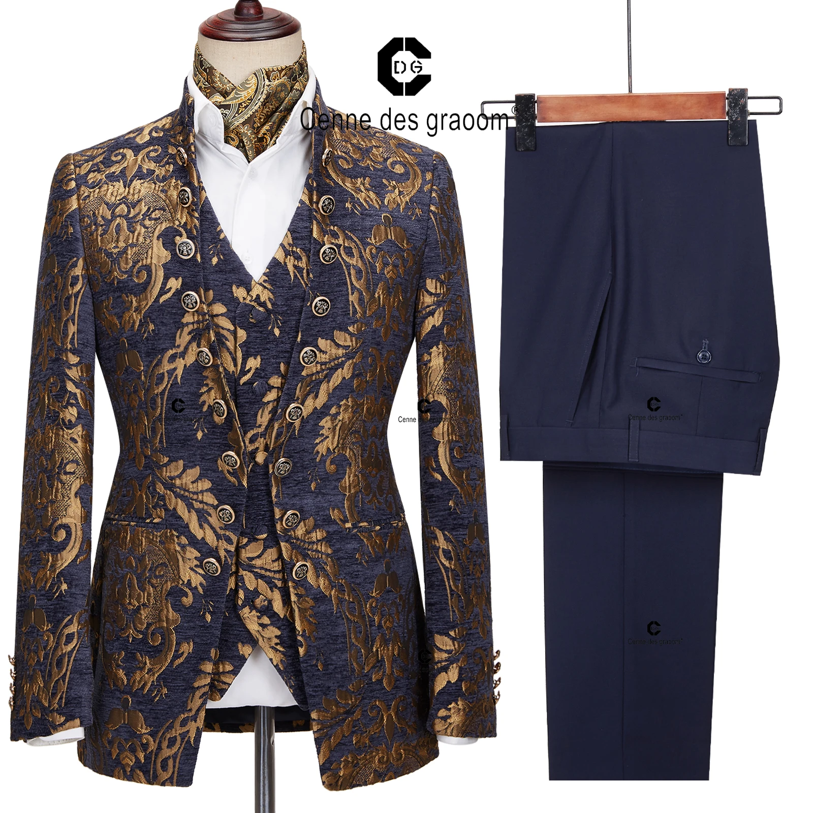 Cenne Des Graoom 2024 New Men Suits Floral Jacquard Blazers Waistcoat Pants 3 Pieces Set Ceremonial Occasion Party Wear Prom 3
