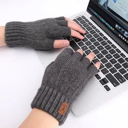 Men's Alpaca Wool Half-Finger Knitted Winter Gloves - Warm, Elastic, and Ideal for Office or Outdoor Use (Deepgray)