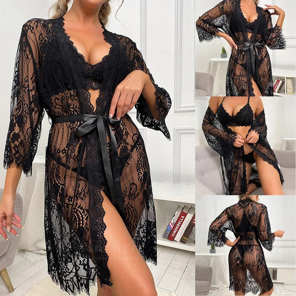 Women's Lace Robes Lingerie Long Soft Comfortable Sleepwear Nightwear Bathrobe Dress See Through Sheer Pajamas women lingerie,women nightgowns,women nightdresses,women pajamas,sleeping dress