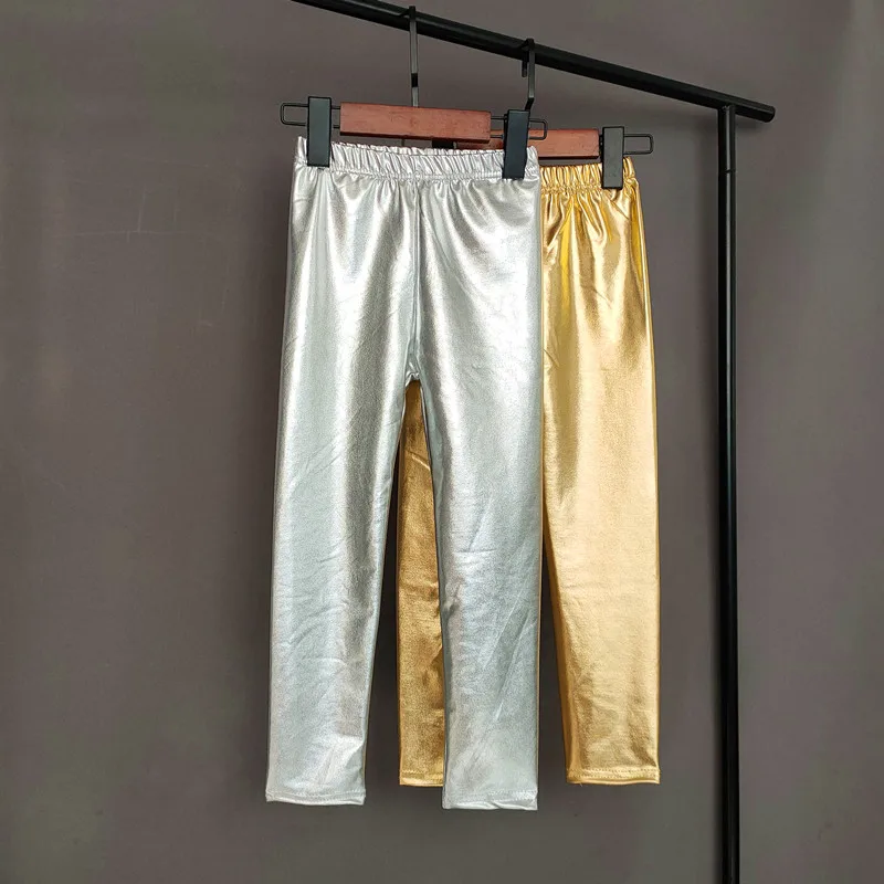 الذهب والفضة الاطفال السراويل الفتيات ربيع الخريف الأطفال مطاطا فو الجلود طماق نحيل سروال شكل قلم رصاص فتاة طماق