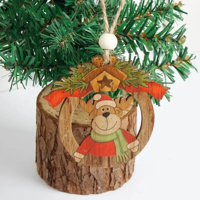 Cute Wooden Christmas Tree Decoration Ornaments Xmas Hanging Pendants Snowman Deer Ornament Christmas Party Decor Craft