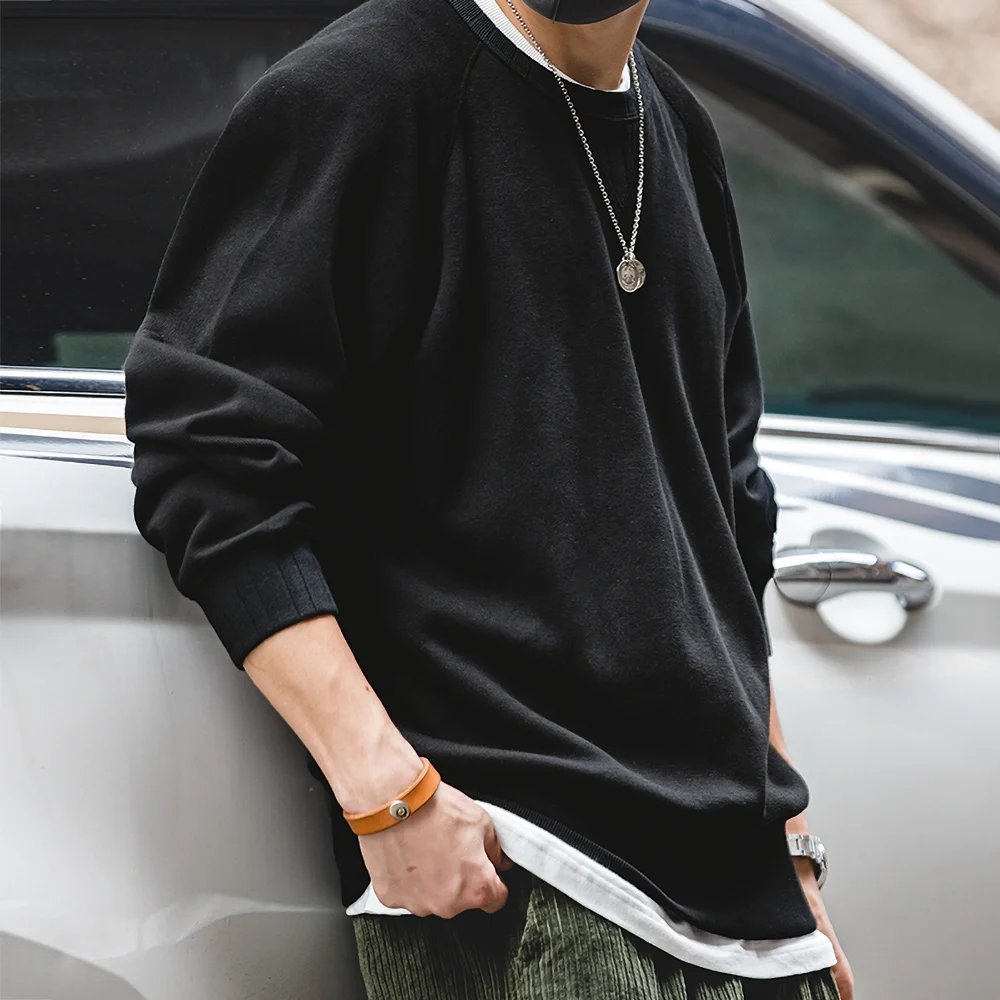 Maden Vintage Crew Neck Sweatshirt for Men Solid Color Cotton