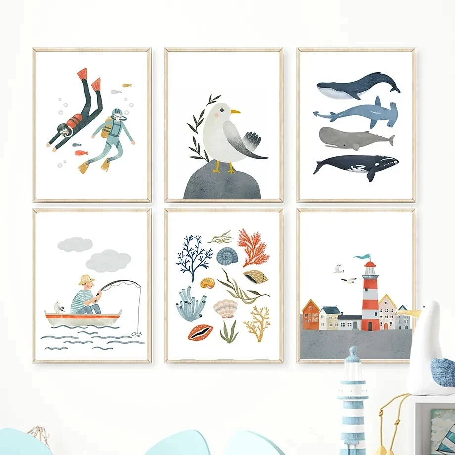 

Sailboat Lighthouse Whale Seagull Shell Diver Posters Prints Canvas Painting Nordic Wall Art Pictures Kids Room Home Decor