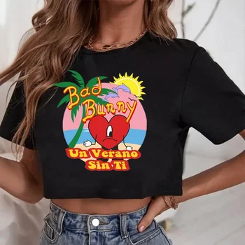 Bad Bunny Un Verano Sin Ti T-Shirt Women Crop Tops Girls O-Neck Short Sleeves Casual Loose Music Shirts Fans Gift 1